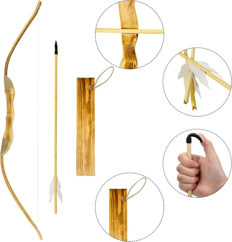 Vista 4 de Basbon Juego de arco y flecha de madera, arco de madera de 40 pulgadas hecho a mano y flecha para cosplay, juego de arco, 1 arco, 1 carcaj y 5