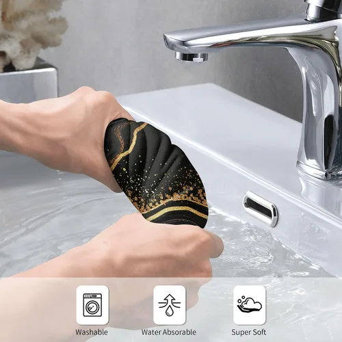 Vista 5 de Juego de 2 toallas de mano de baño con textura de mármol, suaves, absorbentes, negras y doradas, toallas decorativas para baño, cocina, deportes