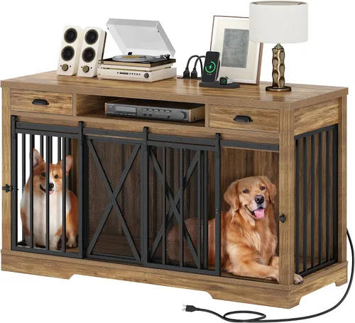 Vista 10 de DWVO Jaula Doble para Perros de 63 Pulgadas para 2 Perros, Soporte de TV de Jaula para Perros de Madera Resistente con Estación de Carga, Mueble