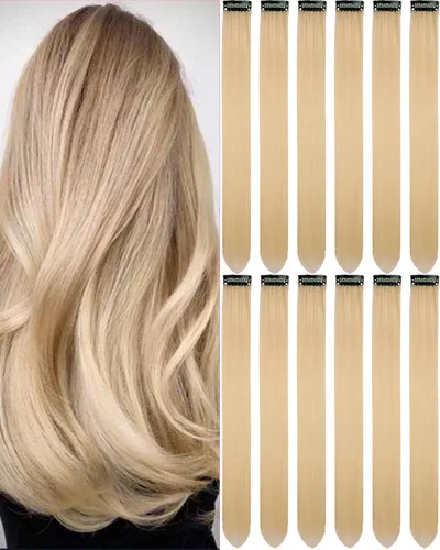 Vista 23 de 12 extensiones de cabello negro con clip, extensiones de cabello de color de 22 pulgadas, extensiones de cabello sintético largo y lacio para mujer
