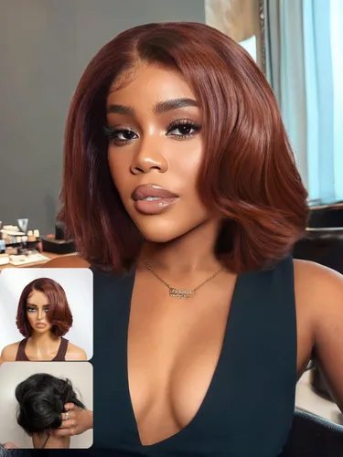Vista 15 de Nadula Peluca Bob Recta Yaki Degradado Marrón Castaño con Cordón de Cabello Humano - Sin Pegamento Precortada 13X4 HD Pre Todo Peluca Frontal