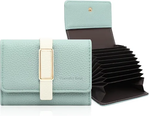 Vista 8 de Pomelo Best Cartera RFID para mujer, pequeña funda de cuero con cremallera y 11 ranuras para tarjetas, Negro, Classic