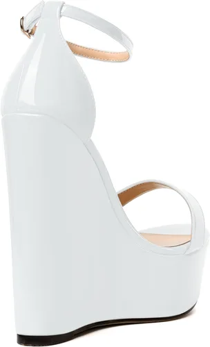 Vista 5 de WAYDERNS Sandalias de tacón alto con plataforma y correa de tobillo para mujer, con hebilla de noche, puntera abierta, de moda, de charol, de 6