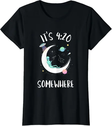Vista 30 de Funny Weed Joint Smoking Moon Alien It's 4:20 Somewhere Camiseta, Negro, S