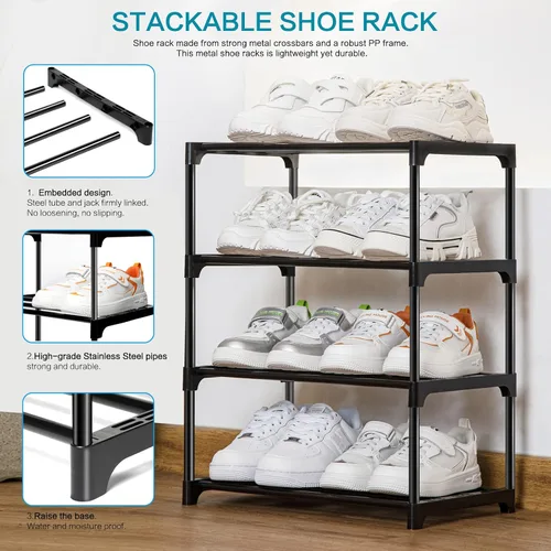 Vista 4 de Zapatero pequeño apilable para armario de 4 niveles, organizador resistente para puerta delantera, entrada y entrada, estante de metal para zapatos