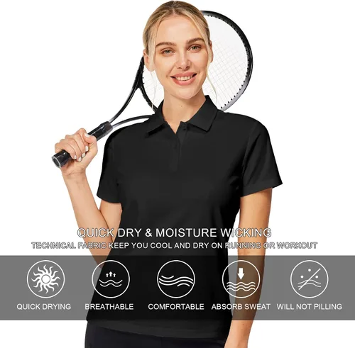 Vista 4 de Casei Camisas polo para mujer, camisas de golf, secado rápido, absorben la humedad, polo blanco y negro