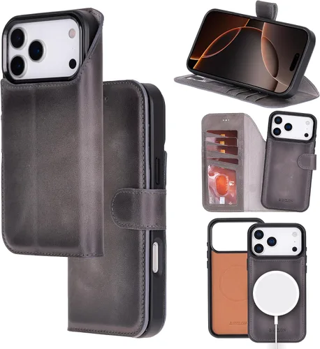 Vista 12 de Bayelon Funda tipo cartera para iPhone 15 Pro, cartera de cuero de grano completo, funda magnética desmontable, tarjetero, funda tipo cartera