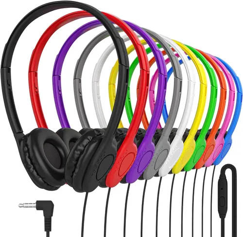 Vista 3 de Maeline Auriculares para estudiantes con micrófono, auriculares estéreo negros con micrófono para niños en línea, biblioteca, escuela, avión