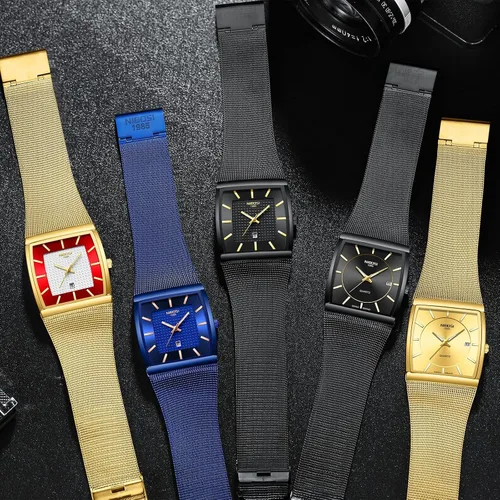 Vista 6 de Relojes para hombre, de moda, de lujo, casual, con correa de malla, impermeable, con fecha, cuadrado