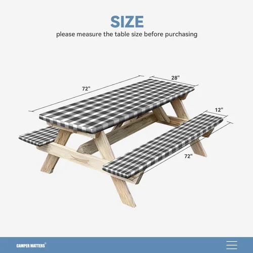 Vista 4 de Funda para Mesa de Picnic y Fundas para Bancos, Mantel Ajustado con Borde Elástico, Resistente al Agua y Aceite, para Exteriores, Jardín, Camping