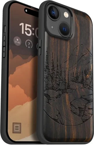 Vista 18 de Carveit Funda magnética de madera para iPhone 15, compatible con cargadores inalámbricos MagSafe, funda negra de TPU suave a prueba de golpes