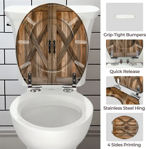 Vista 6 de Round Toilet Seat Rustic Wooden Barn Doors Natural Brown Wood Symmetrical Resin Toilet Seat with Quietly Close Quick Release Hinges Replacement