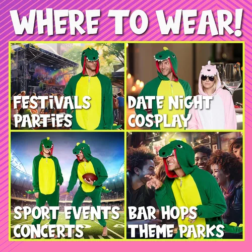 Vista 5 de FUNZIEZ! - Disfraz de animal de una pieza para adultos, disfraz de felpa para Halloween, traje de cosplay de fruta para mujer y hombre, Dinosaurio