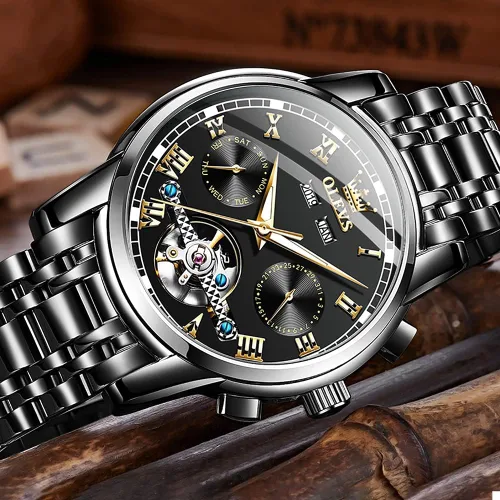 Vista 9 de OLEVS Relojes de cuerda automática para hombre, reloj de pulsera mecánico con diseño de esqueleto Tourbillon, relojes automáticos de acero