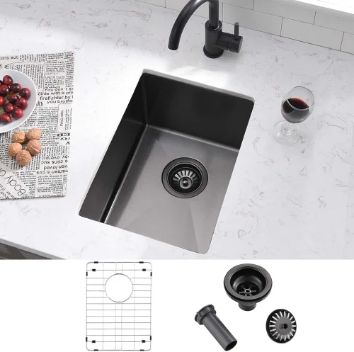 Vista 8 de Fregadero de barra negra de 12 pulgadas para montaje bajo montaje, fregadero de cocina pequeño de 12 x 16 pulgadas, fregadero de barra húmeda