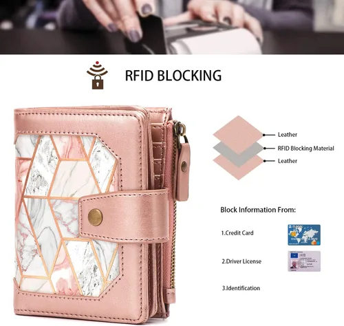 Vista 6 de Cartera pequeña para mujer, billetera plegable con bloqueo RFID, tarjetero con bolsillo con cremallera, Mármol rosa dorado, Vintage