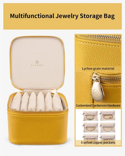 Vista 6 de Vlando Joyero de viaje, pequeña bolsa de joyería con 6 bolsillos de terciopelo con cremallera, organizador de joyería de piel sintética para mujeres
