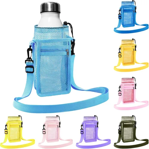 Vista 7 de Berlune Soporte para botella de agua de 14 a 30 onzas con cordón y bolsillo con cremallera, bolsa de malla ajustable para caminar