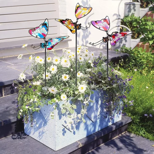 Vista 4 de Juegoal Juego de 3 estacas de jardín de mariposas, estacas de mariposas coloridas de 20 pulgadas, adornos artísticos de vidrio y metal para patio