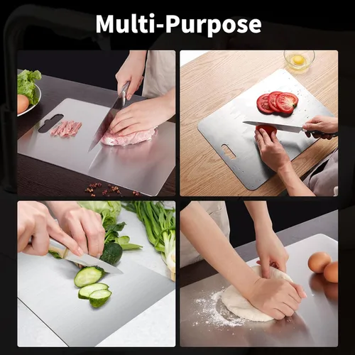 Vista 7 de Tabla de cortar de titanio, tablas de cortar de titanio para cocina, tabla de cortar de acero inoxidable de doble cara, duradera, no tóxica