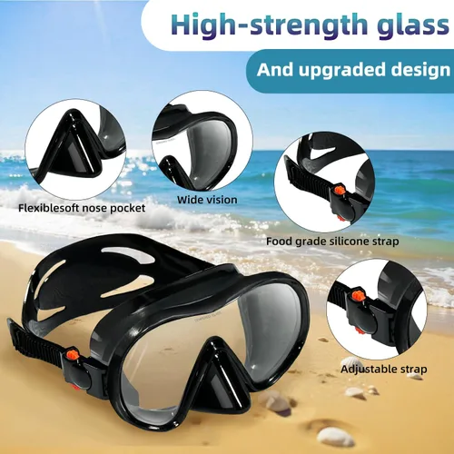 Vista 4 de M105 - Máscara de buceo panorámica HD de silicona, antivaho de 180°, máscara de buceo de vidrio templado, gafas de natación para adultos y jóvenes