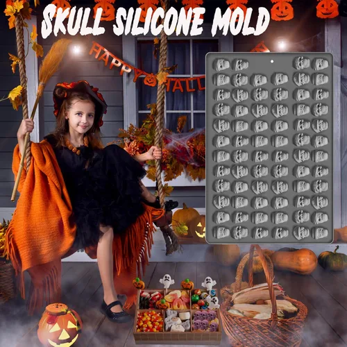Vista 4 de Moldes de silicona de calavera para Halloween, 70 moldes de silicona de grado alimenticio para Halloween, para gomitas, galletas, dulces, dulces
