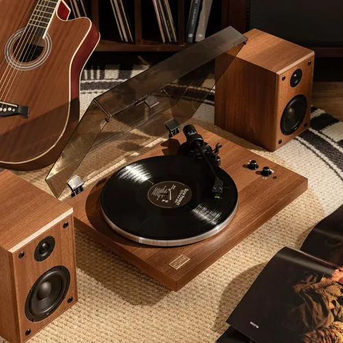 Vista 5 de Arkrocket Cassini - Tocadiscos Bluetooth de alta fidelidad con altavoces integrados, tocadiscos de vinilo con cartucho magnético móvil, salida