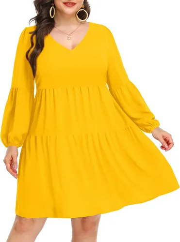 Vista 5 de Pinup Fashion Vestido tipo túnica de otoño para mujer, talla grande, manga larga, cuello en V, casual, holgado, con volantes