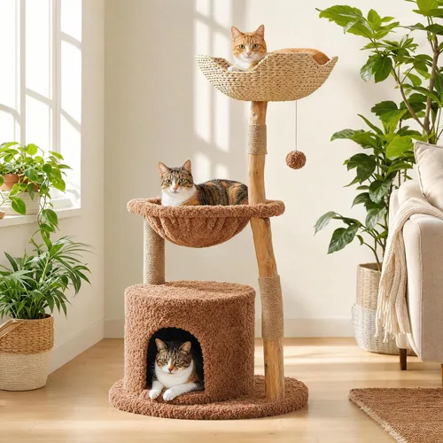 Vista 9 de MUTTROS Árbol de gato de madera con flores, torre de gato moderna con ramas de madera real, muebles de lujo boho con poste para rascar y 2 perchas