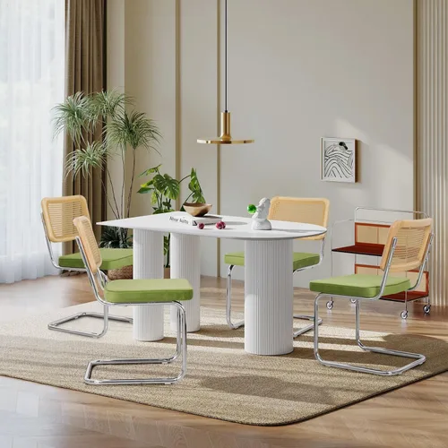 Vista 17 de Upholstered Velvet Dining Chairs Set of 2, Mid Century Modern Armless Upholstered Dining Chair with Rattan Back Stainless Chrome Frame for Dining