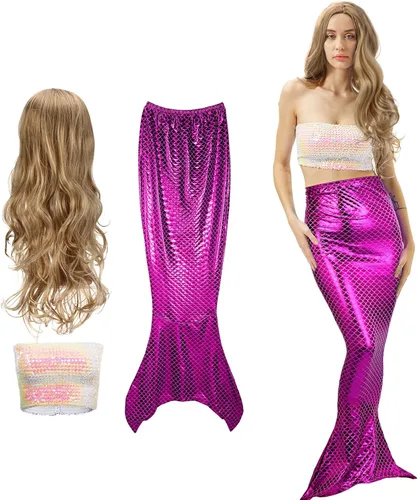 Vista 8 de Cindeer Disfraz de sirena de Halloween para mujer, ombliguera de sirena con lentejuelas, sin tirantes, parte superior metálica de tubo, falda