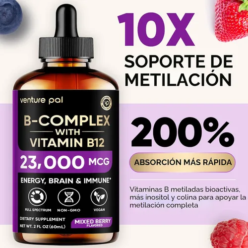 Vista 3 de Venture Pal Vitamina B Complex Liquid Drops, B12 Metilcobalamina B9 Fólico B1, B2, B3, B5, B6, B7 - Vitamina C, colina, inositol, metabolismo