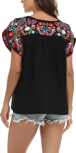 Vista 7 de YZXDORWJ Blusa de verano para mujer, estilo bohemio, estilo mexicano, con bordado, estilo bohemio