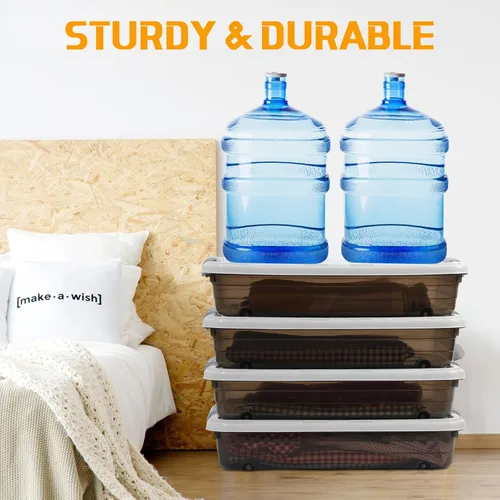 Vista 6 de Beeveer 4 recipientes de almacenamiento de plástico para debajo de la cama con tapa, rueda y asa, transparentes de gran capacidad, apilables