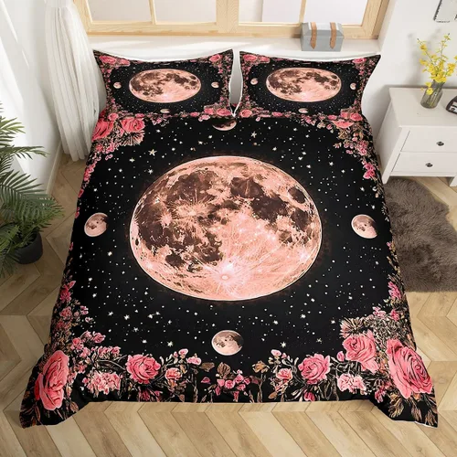 Vista 13 de Funda de edredón del espacio exterior, juego de ropa de cama bohemio para niños, funda de edredón de constelación de planeta para decoración de Negro