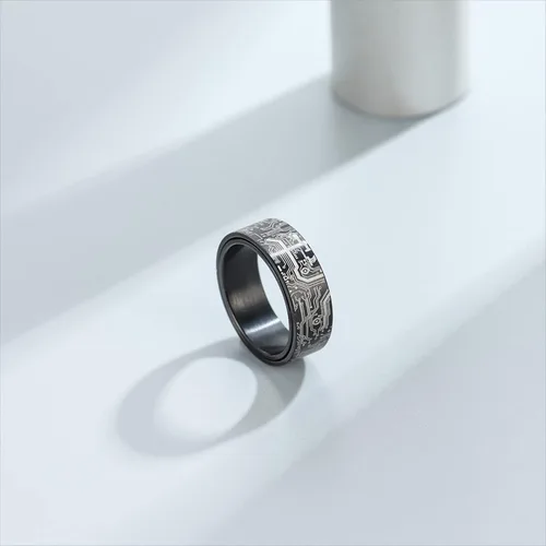 Vista 2 de Anillo de patrón de placa de circuito de computadora de 0.315 in negroplataazuloro - Spinner Fidget Alivio de la ansiedad Anillo de acero inoxidable