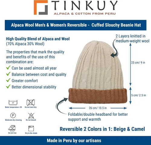 Vista 4 de TINKUY Alpaca Wool - Gorro reversible para hombre y mujer - Gorro holgado con puños