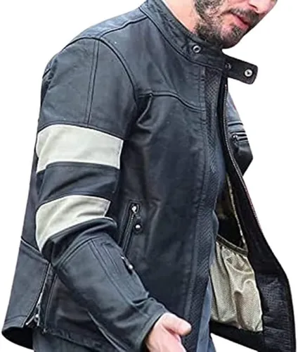 Vista 4 de Keanu Reeves Retro Black Motorcycle Leather Biker Jacket Men - Vintage Cafe Racer Jacket
