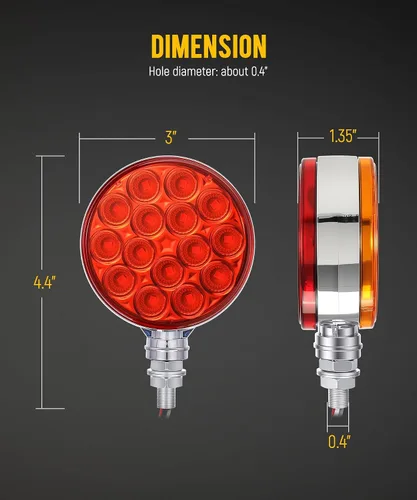 Vista 5 de Partsam 2 luces LED redondas de doble cara de 3 pulgadas, color rojo/ámbar, 30 luces LED para guardabarros, señal de giro cromada, Miro-reflex