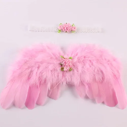 Vista 2 de Surakey Atuendos para bebé recién nacido, alas de ángel de plumas con diadema, accesorios para el cabello, accesorios para el cabello, trajes
