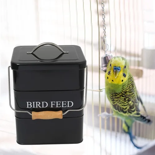 Vista 5 de Geyecete Comedero para pájaros, tarro de comida para mascotas, contenedor hermético para almacenamiento de alimentos, color negro