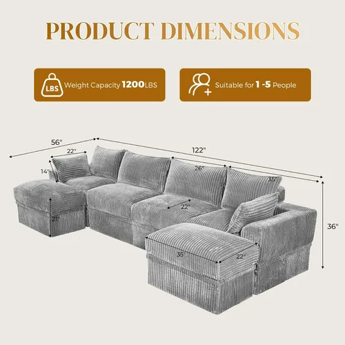 Vista 3 de Sofá modular sin hueso de 122 pulgadas con almacenamiento, sofá nube en forma de U con asiento extra profundo, sofás seccionales de pana de 6 plazas
