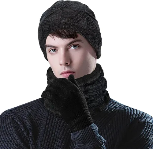 Vista 5 de Winter Beanie Hat Scarf Gloves Set 3 Pieces Mens Warm Knit Thick Slouchy Cap Neck Warmer Touchscreen Gloves Set