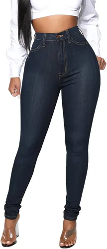 Vista 12 de KUNMI - Pantalones de mezclilla clásicos de cintura alta para mujer, elásticos, con efecto de levantamiento de glúteos, ajustados
