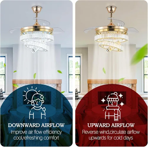 Vista 6 de CLAIRDAI Ventilador de techo de 42" de oro con candelabro de cristal y luces con APP y control remoto, lámparas regulables, 3 cambios