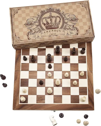 Vista 2 de AMEROUS Juego de ajedrez magnético de madera de 12 x 12 pulgadas para niños y 6 años en adelante, 2 reinas adicionales, tablero plegable con ranuras