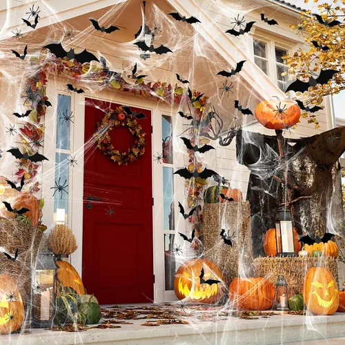 Vista 4 de Famoby 1200 pies cuadrados de telarañas de Halloween y 120 murciélagos falsos y 50 arañas falsas, telarañas superelásticas para decorar fiestas