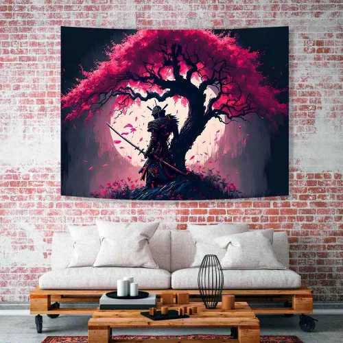 Vista 2 de Ine Ive GTDWIE0297 - Tapiz samurái japonés para estética de dormitorio, luna llena, árbol de cerezo, 40 x 30 pulgadas, arte japonés para dormitorio