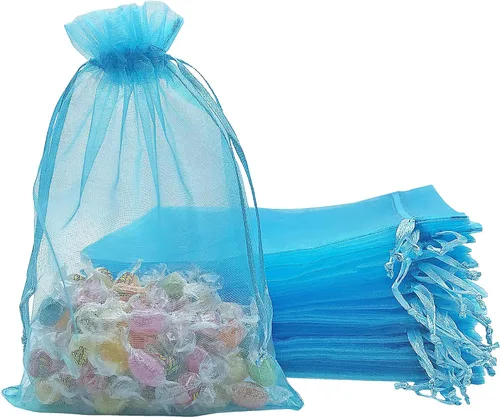 Vista 13 de Jexila 120 bolsas de organza transparente de 5 x 7 pulgadas, bolsas de regalo con cordón de malla pequeñas para joyas, bodas, fiestas, baby shower
