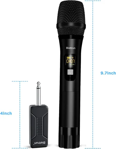Vista 7 de Bietrun - Micrófono inalámbrico, micrófono dinámico con receptor recargable, conexión automática, diseño de todo metal, rango de 160 pies, micrófono